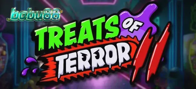 Treats of Terror II স্লট গেমের একটি দৃশ্য যেখানে খাবারগুলো ভীতিজনক কিন্তু মজার রূপে দেখা যাচ্ছে।